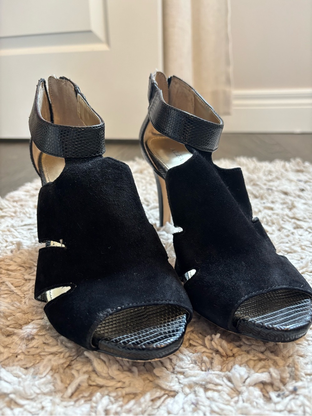 Alfani Women's Black Suede Cutout Peep-Toe Heels with Ankle Strap